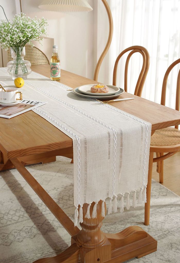 Cutwork Linen Fabric Tassel Edge Table Runner in Cream