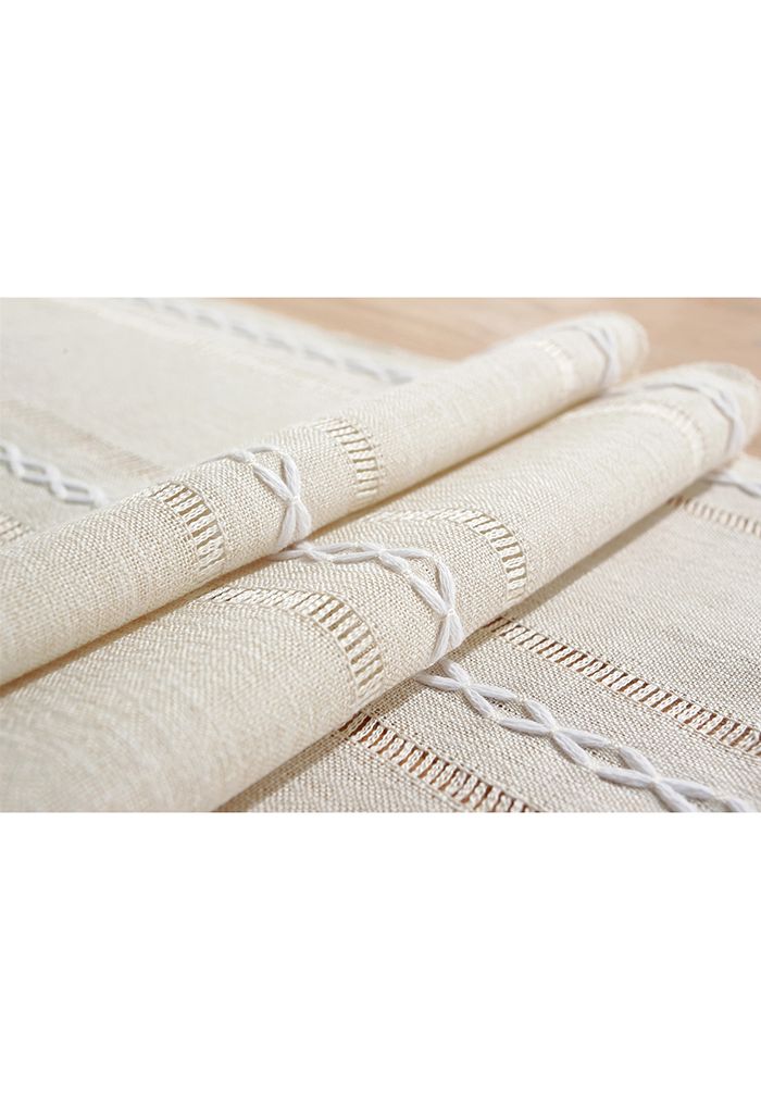 Cutwork Linen Fabric Tassel Edge Table Runner in Cream