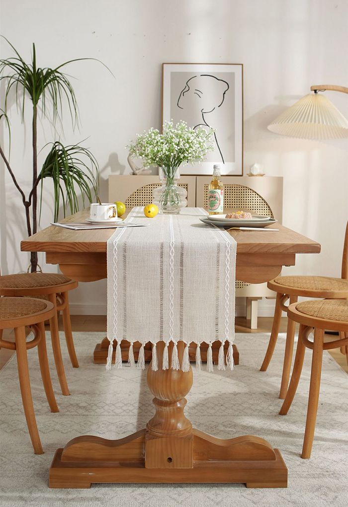 Cutwork Linen Fabric Tassel Edge Table Runner in Cream