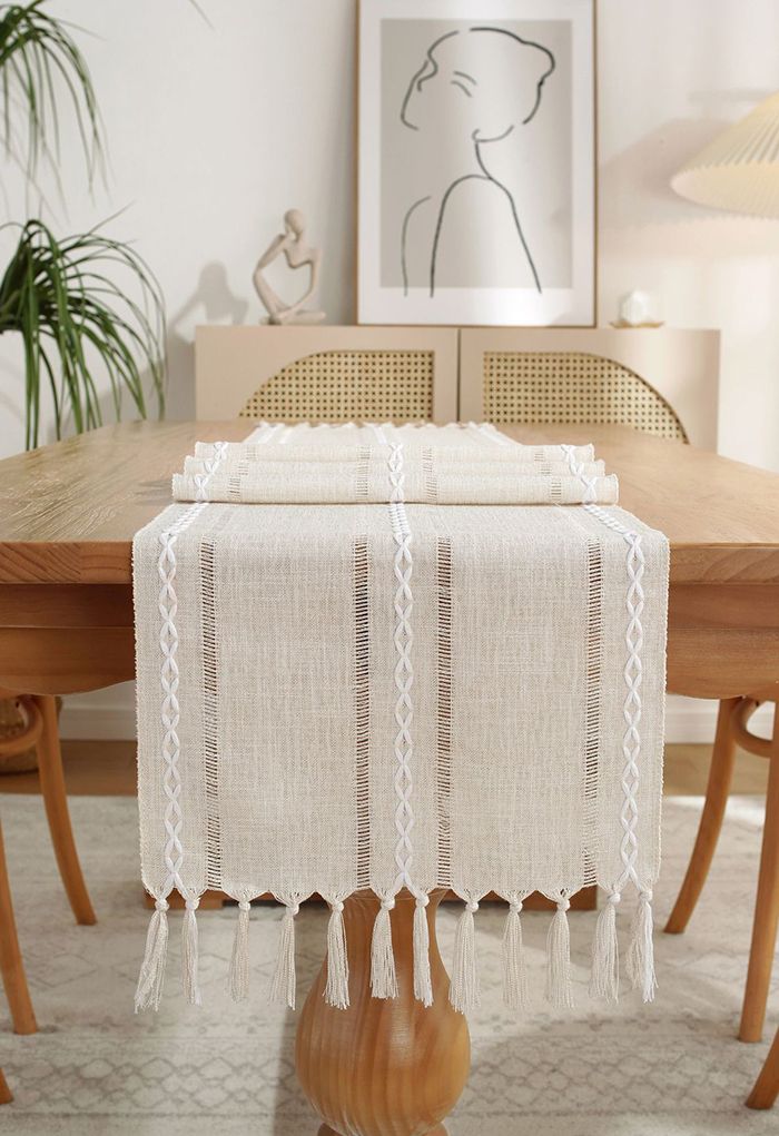 Cutwork Linen Fabric Tassel Edge Table Runner in Cream