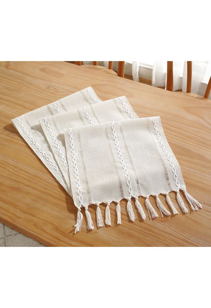 Cutwork Linen Fabric Tassel Edge Table Runner in Cream