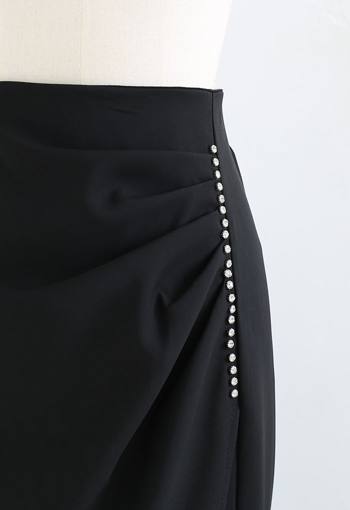 Crystal Trim Ruching Slit Pencil Skirt in Black
