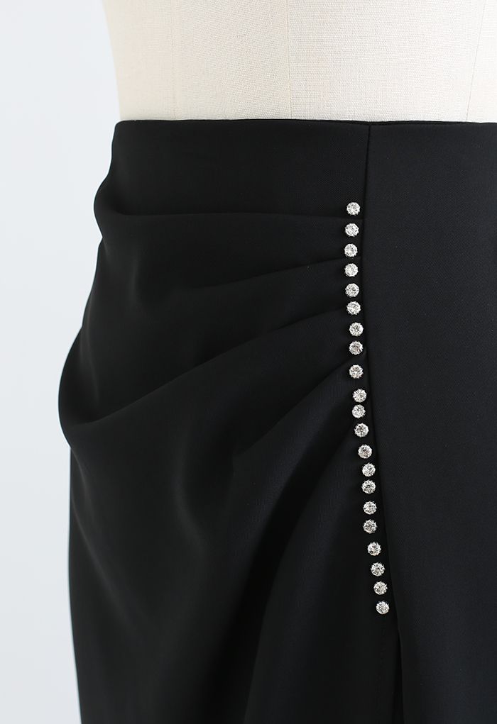 Crystal Trim Ruching Slit Pencil Skirt in Black
