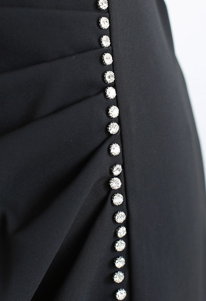 Crystal Trim Ruching Slit Pencil Skirt in Black