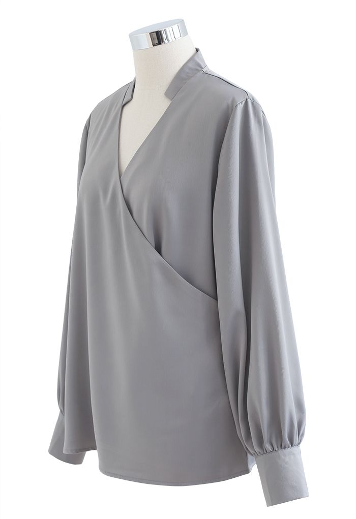 V-Neck Wrap Front Satin Smock Shirt in Grey