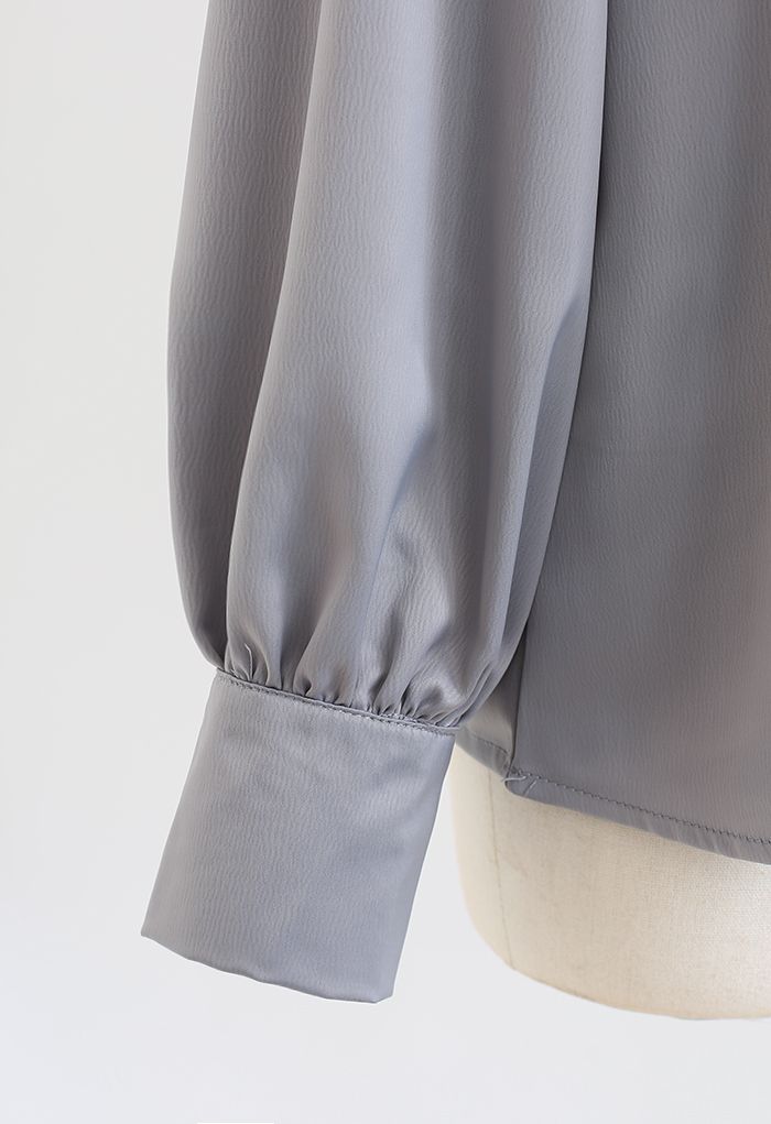 V-Neck Wrap Front Satin Smock Shirt in Grey
