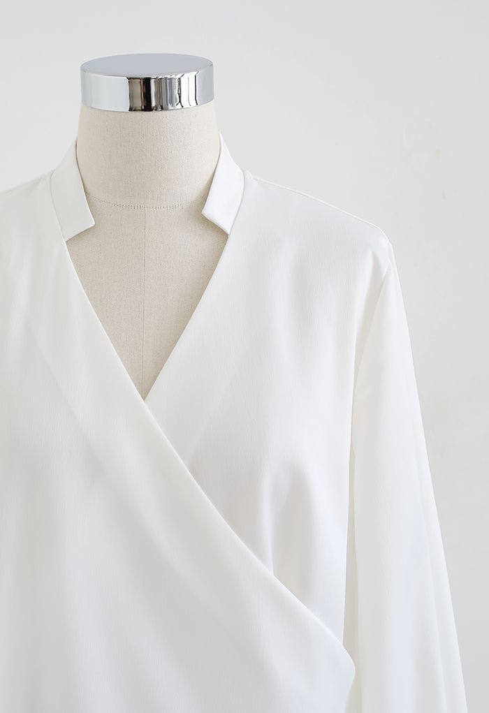 V-Neck Wrap Front Satin Smock Shirt in White