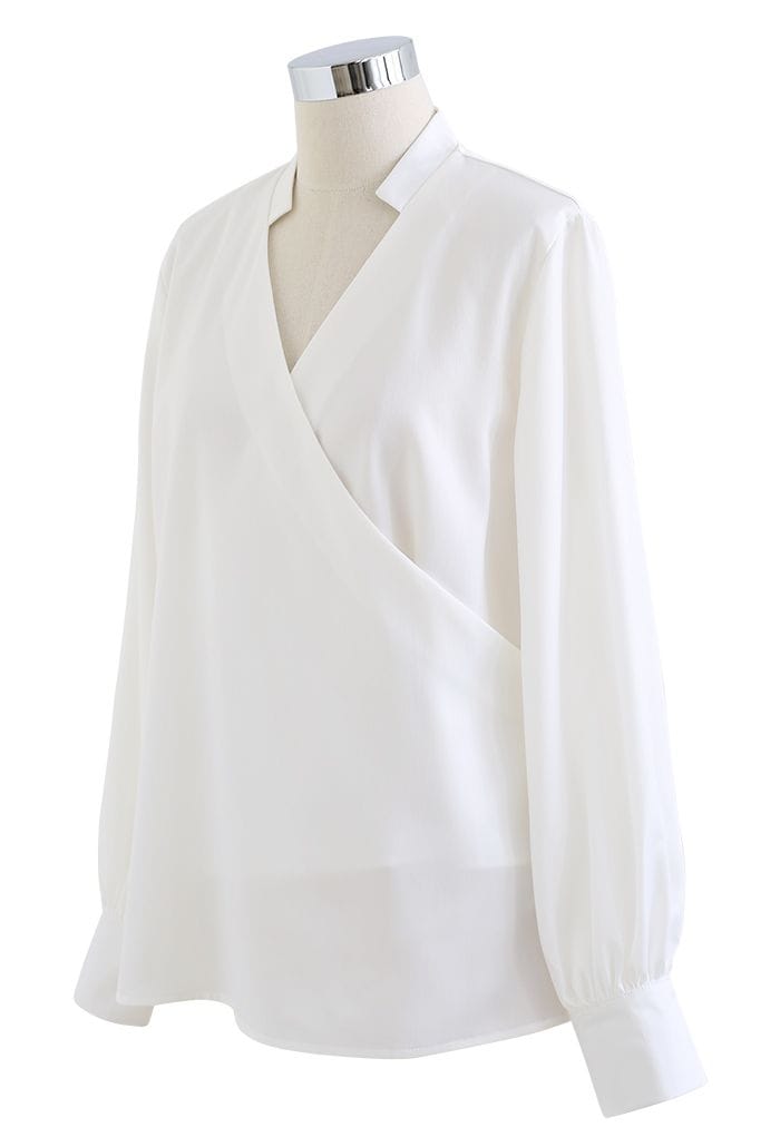 V-Neck Wrap Front Satin Smock Shirt in White