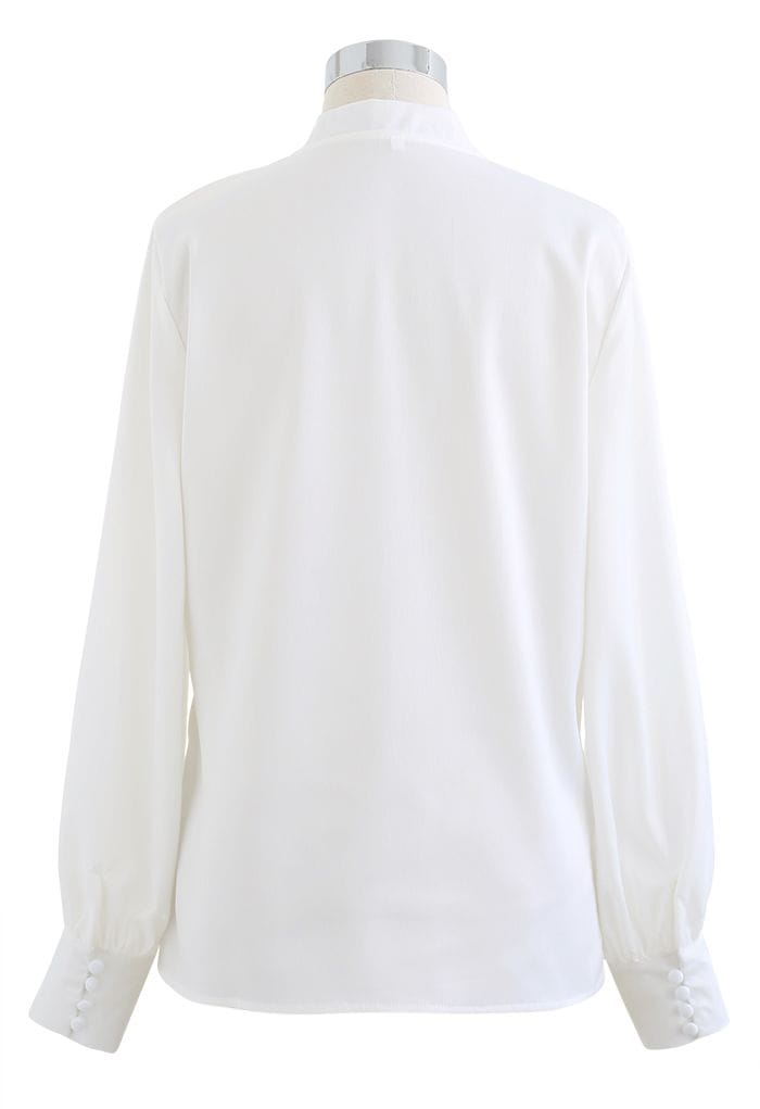 V-Neck Wrap Front Satin Smock Shirt in White