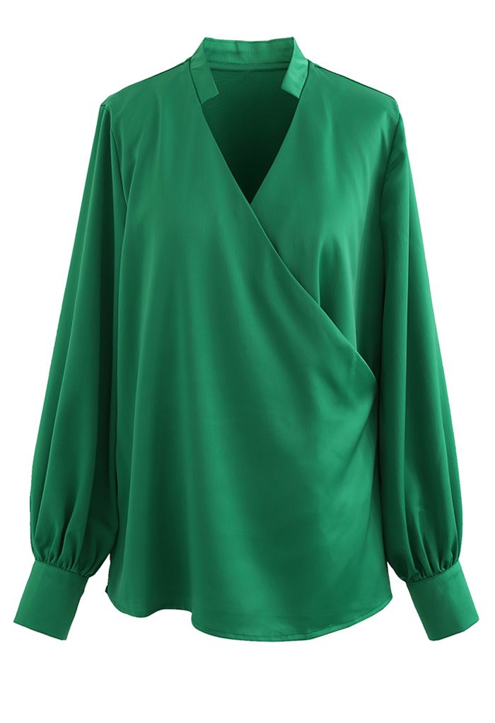 V-Neck Wrap Front Satin Smock Shirt in Green