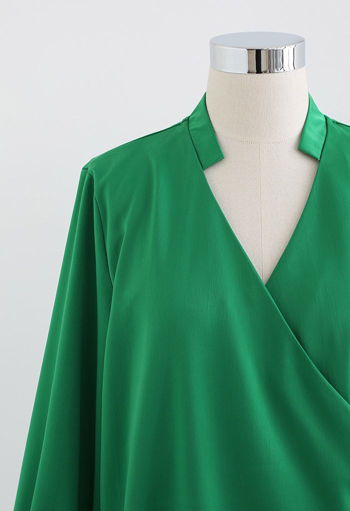 V-Neck Wrap Front Satin Smock Shirt in Green