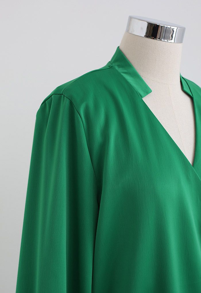 V-Neck Wrap Front Satin Smock Shirt in Green