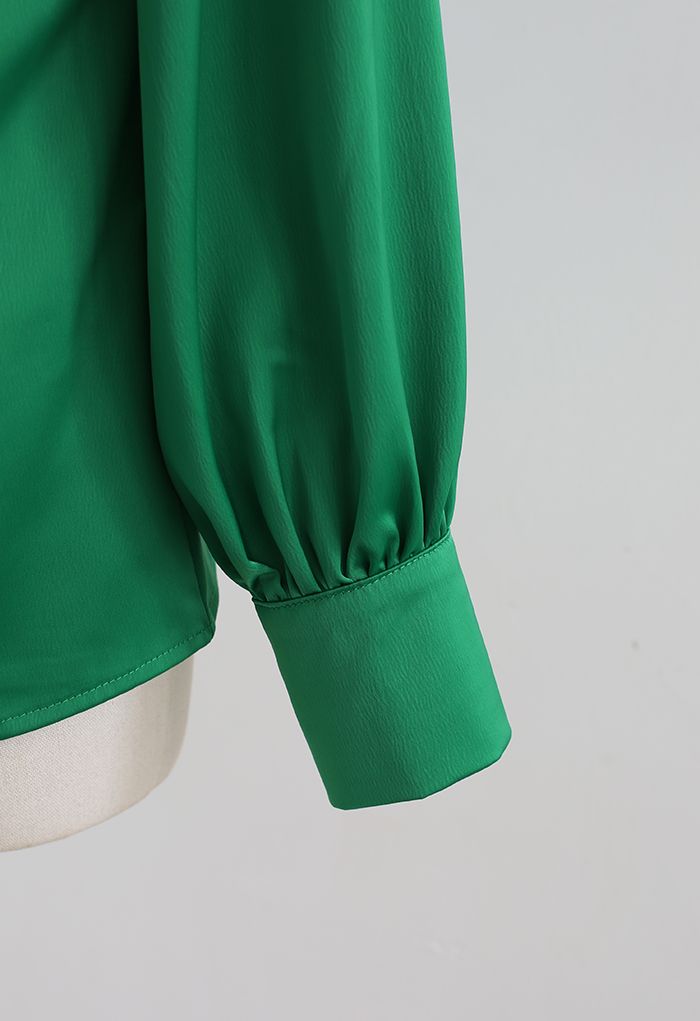 V-Neck Wrap Front Satin Smock Shirt in Green
