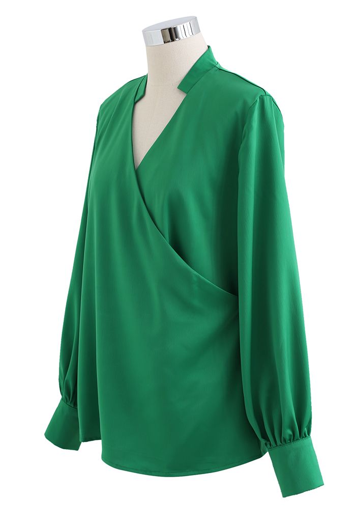 V-Neck Wrap Front Satin Smock Shirt in Green