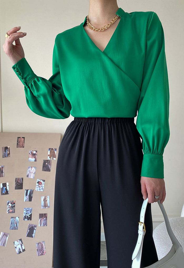 V-Neck Wrap Front Satin Smock Shirt in Green
