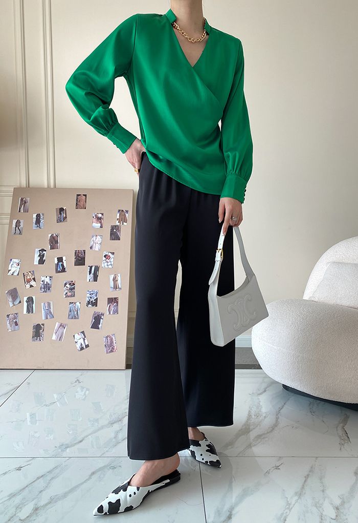 V-Neck Wrap Front Satin Smock Shirt in Green