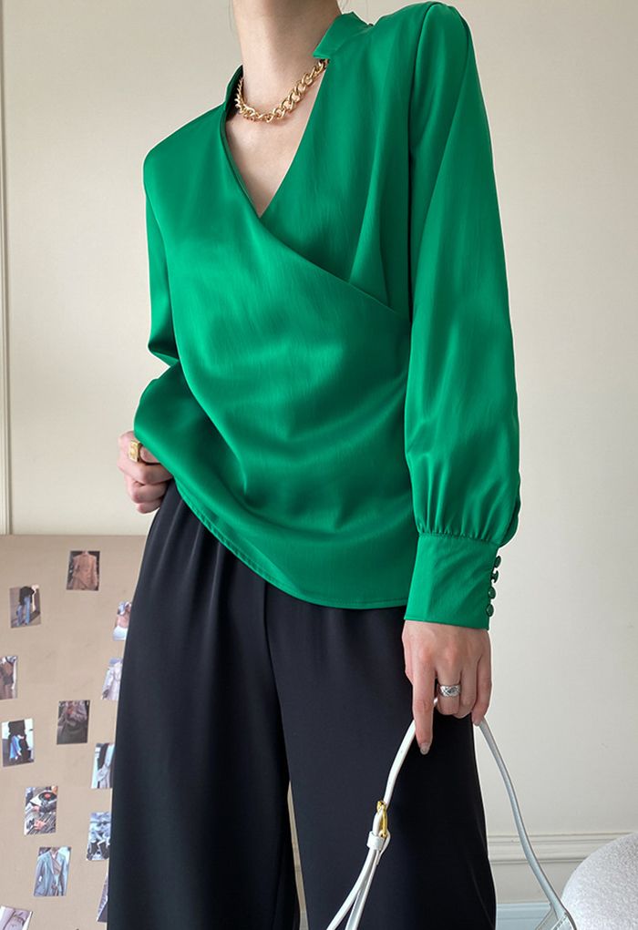 V-Neck Wrap Front Satin Smock Shirt in Green