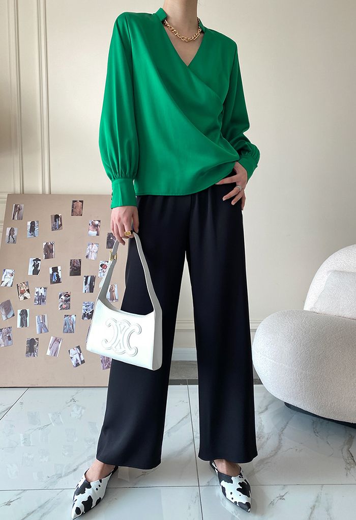 V-Neck Wrap Front Satin Smock Shirt in Green