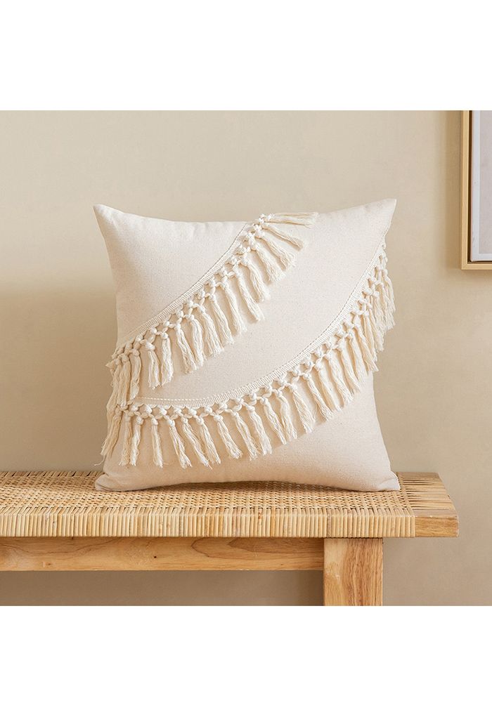 Creamy Tassel Sackcloth Cushion Cover
