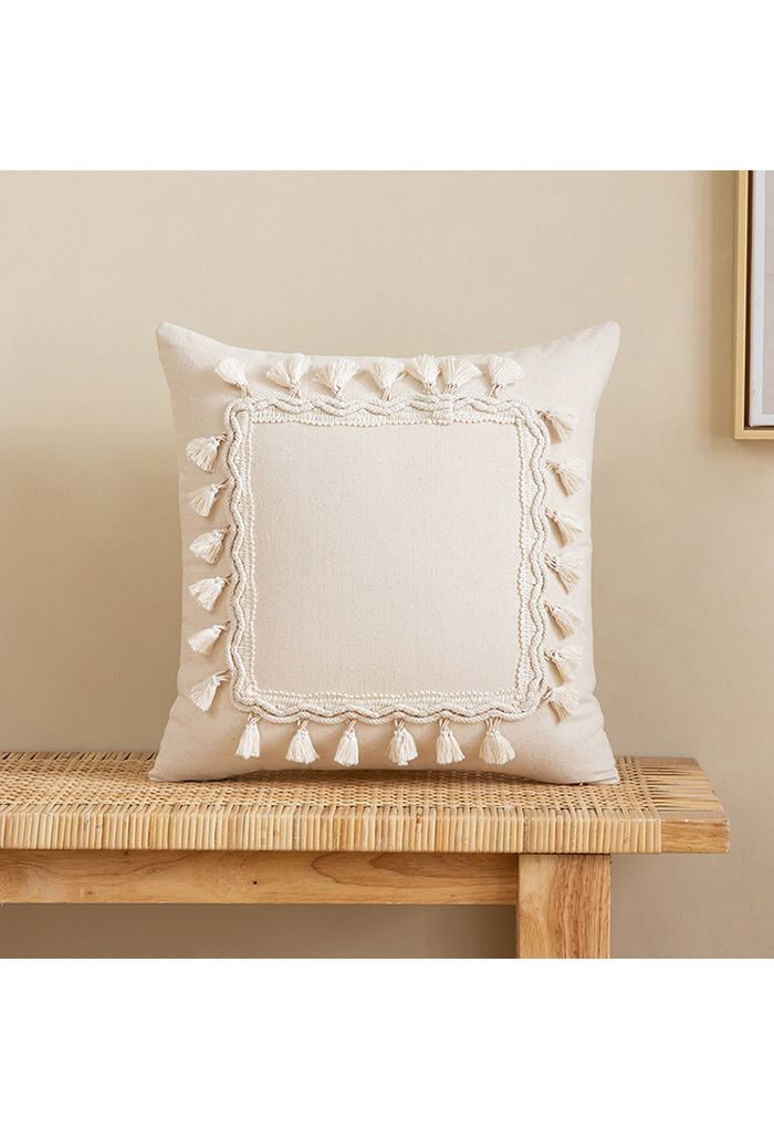 Creamy Tassel Sackcloth Cushion Cover