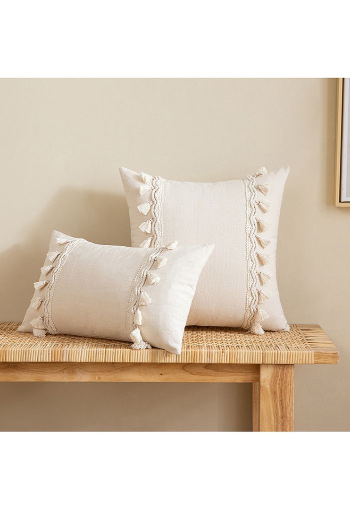 Creamy Tassel Sackcloth Cushion Cover