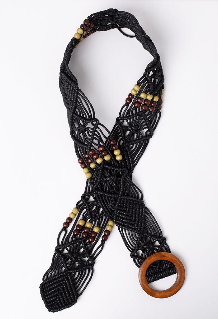 Wooden Buckle Bead Decor Woven Belt in Black
