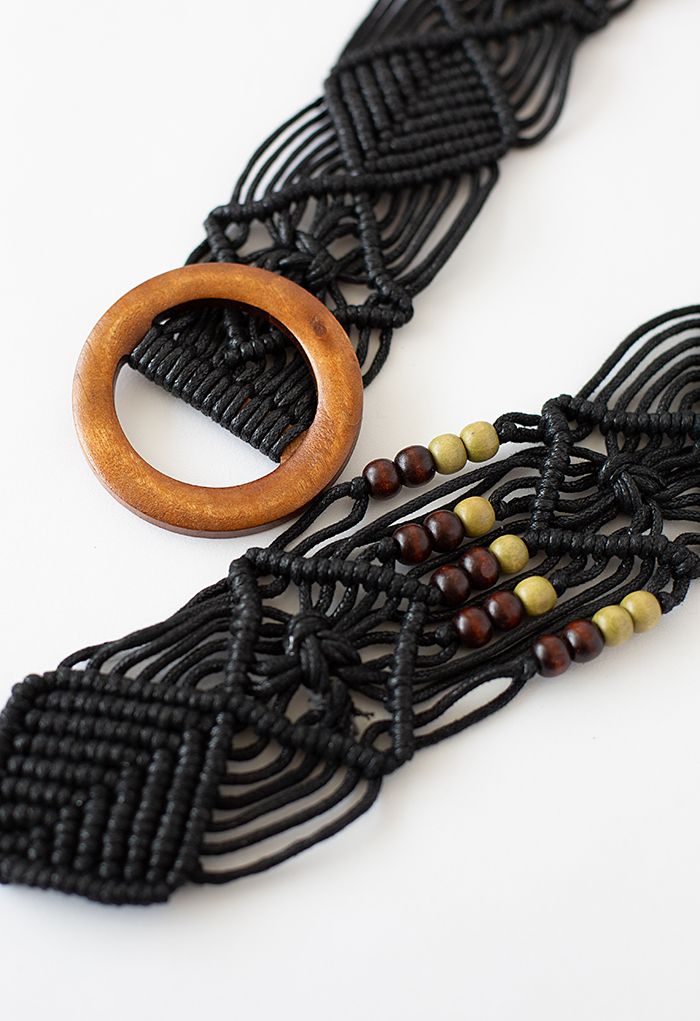 Wooden Buckle Bead Decor Woven Belt in Black