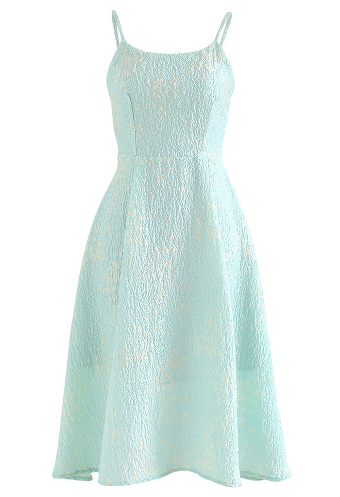 Front view of a romantic blue cami midi dress with butterfly embroidery and an embossed texture.