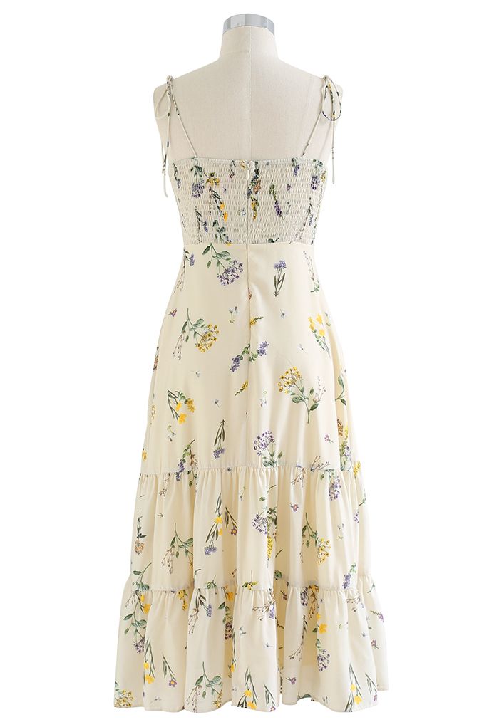 Back view of the dress on a mannequin, highlighting the smocked back and floral print.