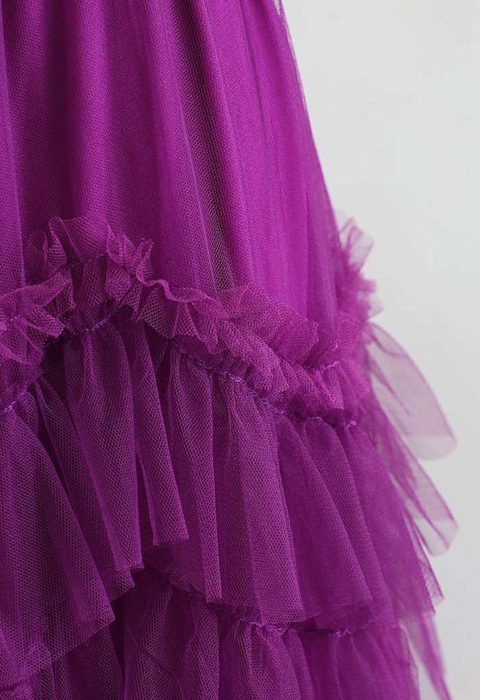 Exquisite Tiered Ruffle Mesh Tulle Skirt in Magenta