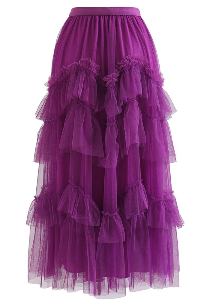 Exquisite Tiered Ruffle Mesh Tulle Skirt in Magenta