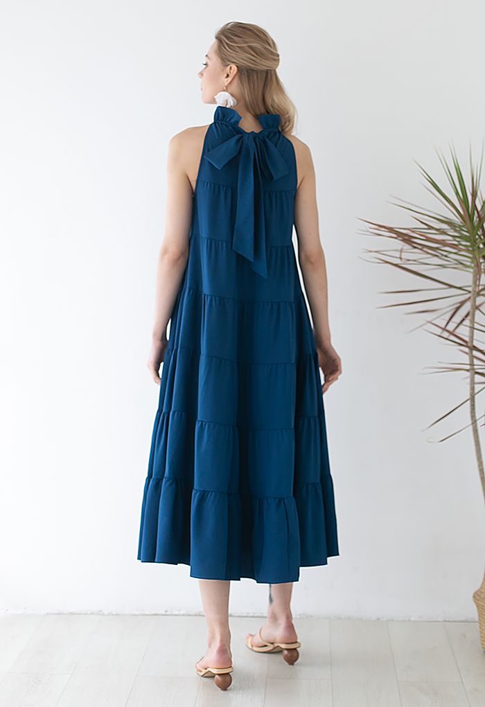 Self-Tie Bowknot Ruffle Halter Neck Midi Dress