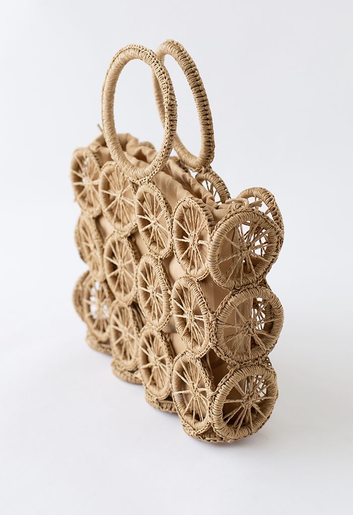 Wheel Shaped Woven Straw Handbag in Caramel