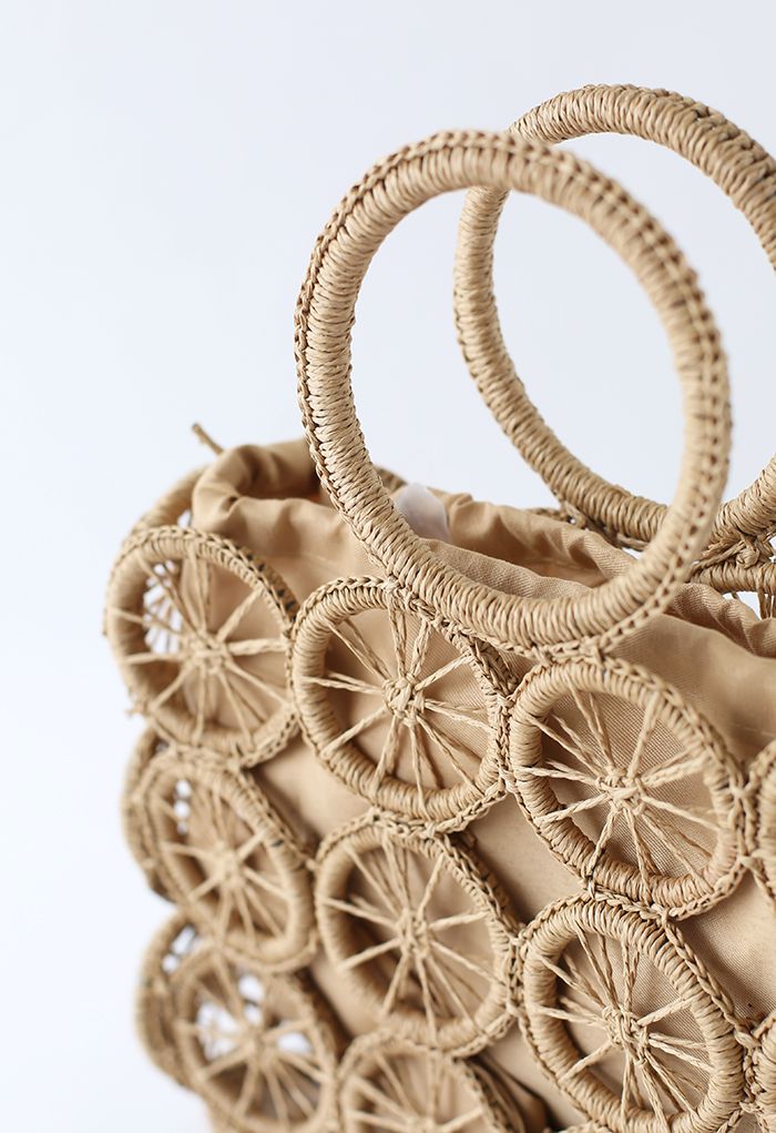 Wheel Shaped Woven Straw Handbag in Caramel