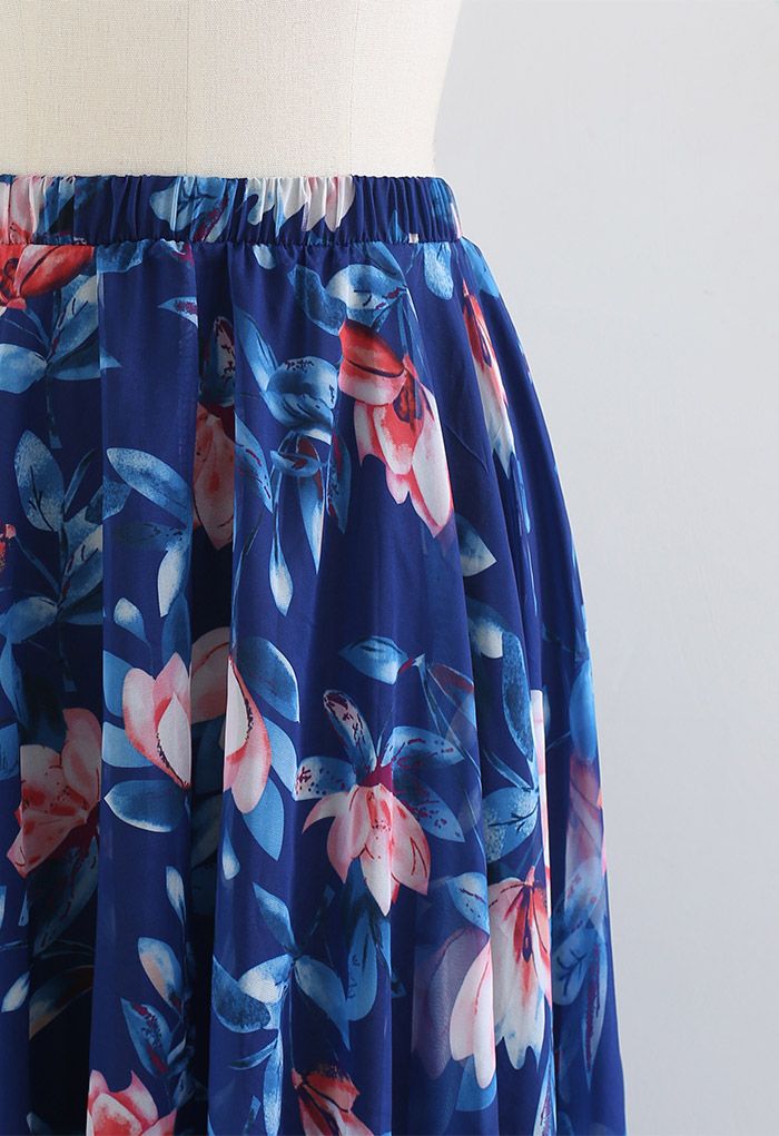 Blush Lotus Chiffon Maxi Skirt in Indigo