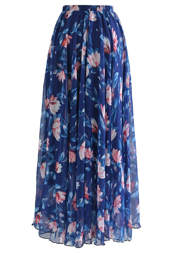 Blush Lotus Chiffon Maxi Skirt in Indigo