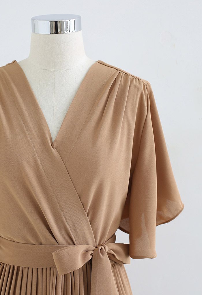 Faux Wrap Tie Waist Pleated Midi Dress in Tan