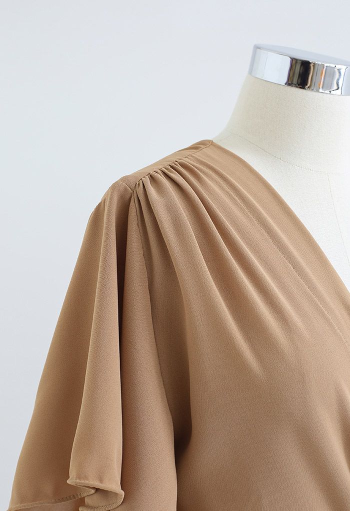 Faux Wrap Tie Waist Pleated Midi Dress in Tan