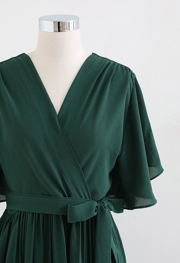 Faux Wrap Tie Waist Pleated Midi Dress in Dark Green