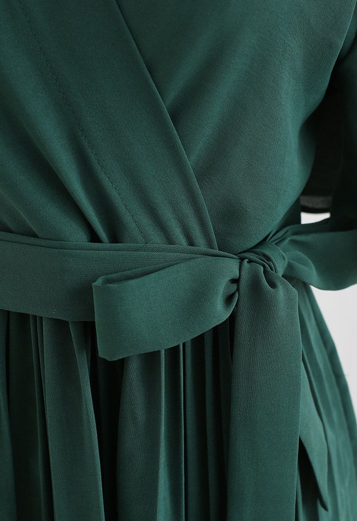 Faux Wrap Tie Waist Pleated Midi Dress in Dark Green