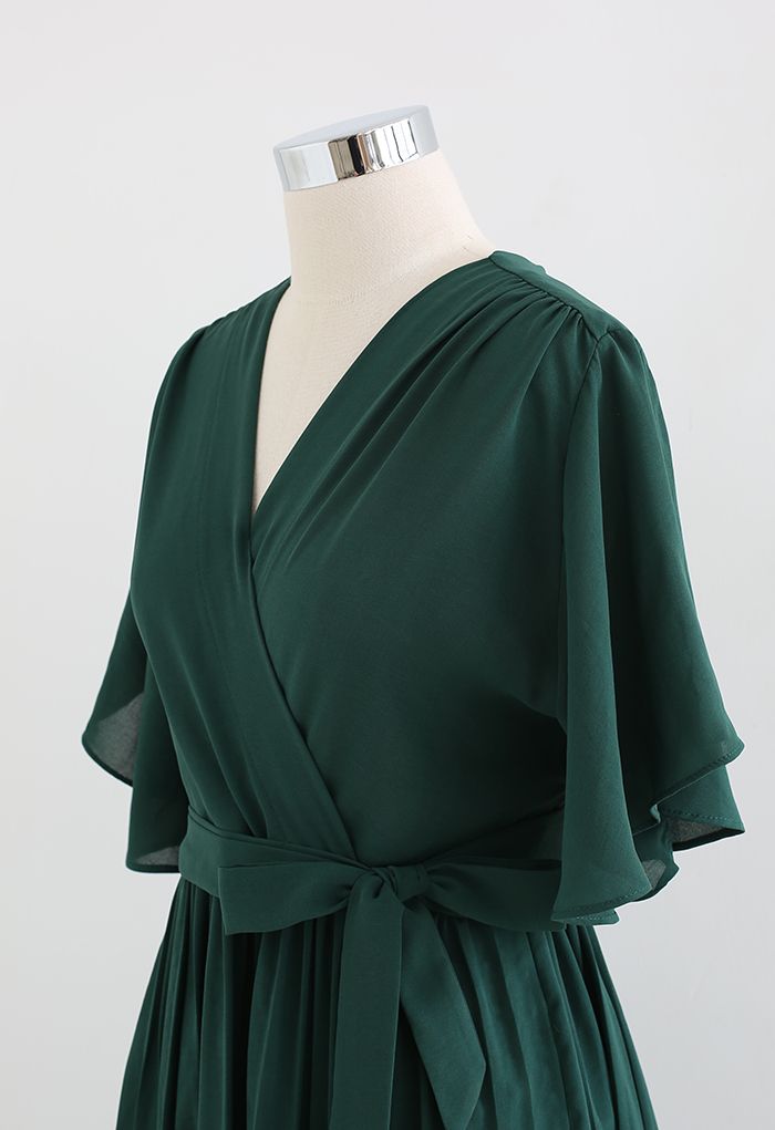 Faux Wrap Tie Waist Pleated Midi Dress in Dark Green