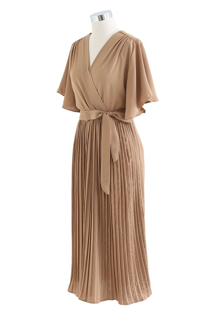 Faux Wrap Tie Waist Pleated Midi Dress in Tan