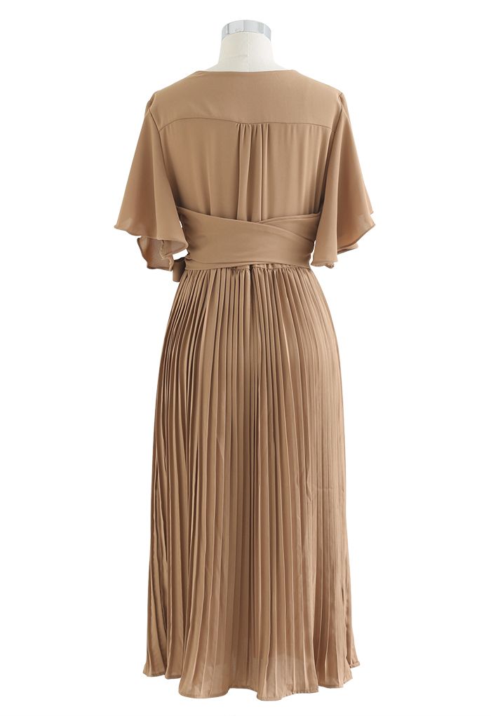 Faux Wrap Tie Waist Pleated Midi Dress in Tan