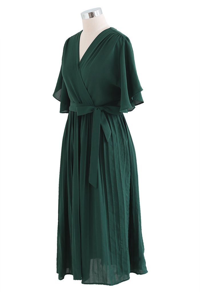 Faux Wrap Tie Waist Pleated Midi Dress in Dark Green