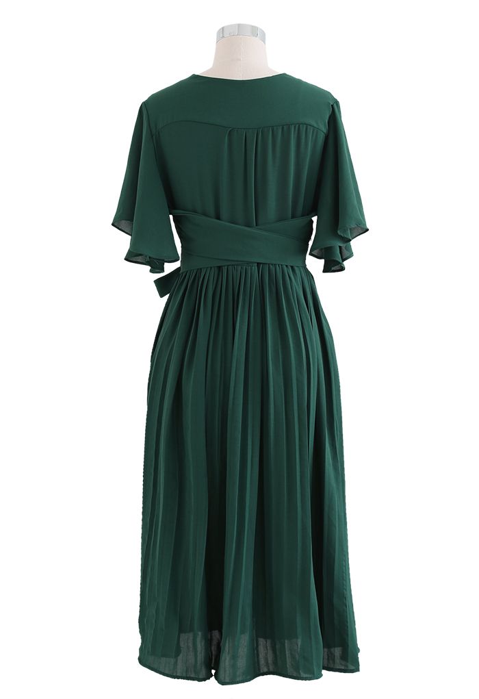 Faux Wrap Tie Waist Pleated Midi Dress in Dark Green