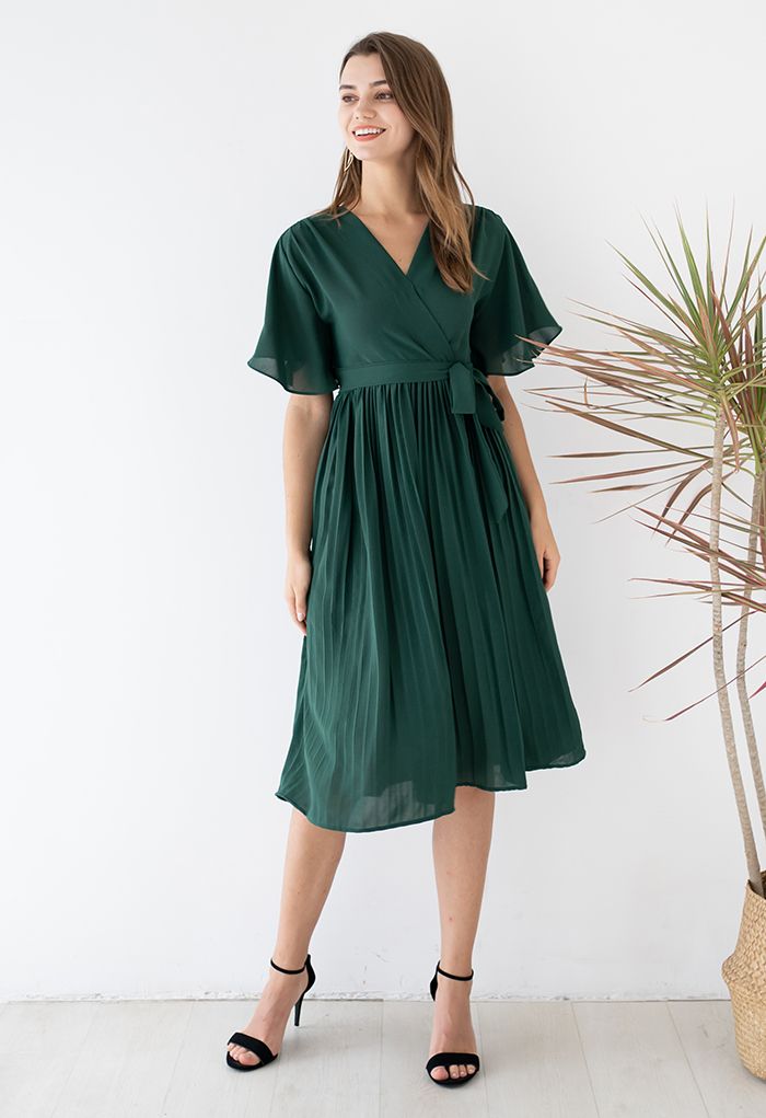Faux Wrap Tie Waist Pleated Midi Dress in Dark Green