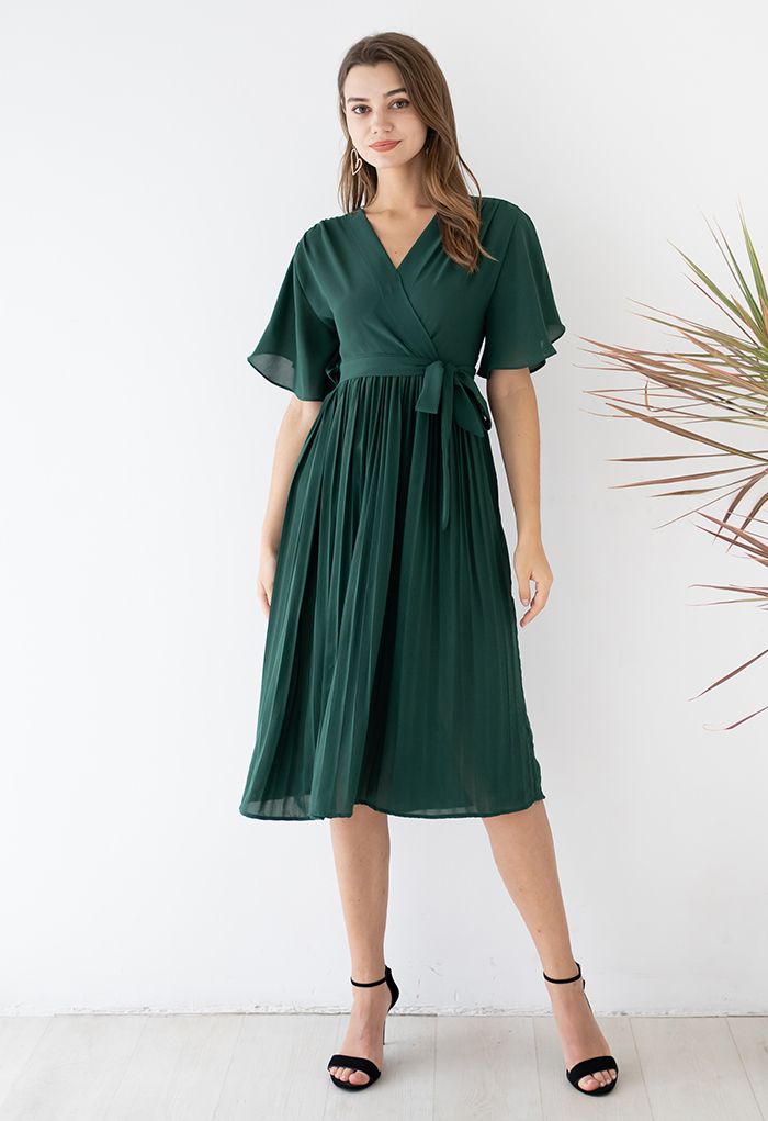 Faux Wrap Tie Waist Pleated Midi Dress in Dark Green