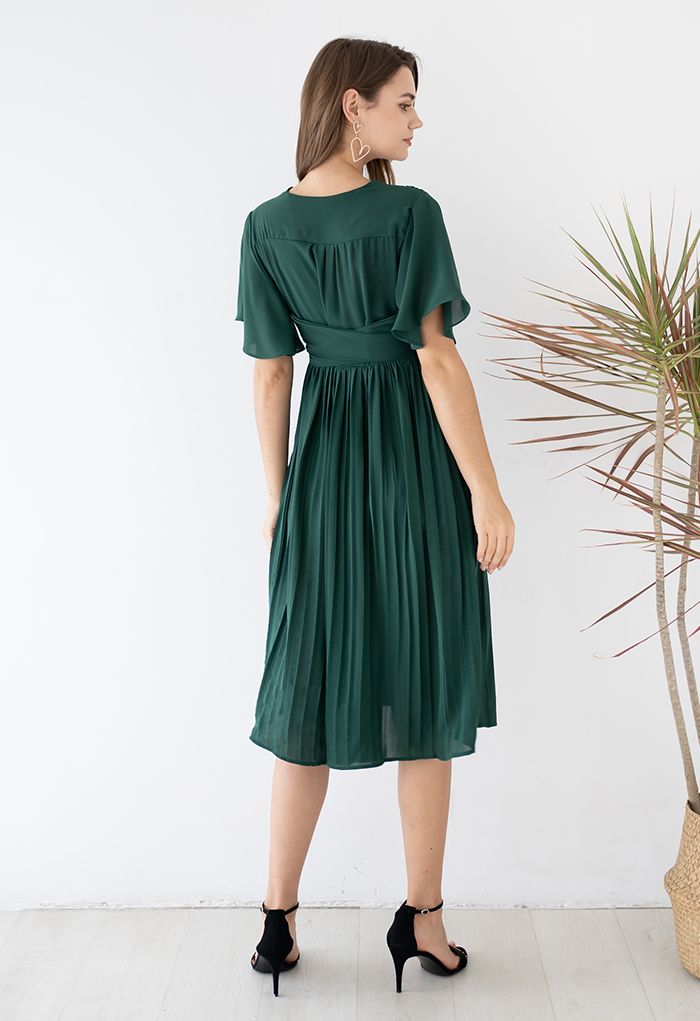 Faux Wrap Tie Waist Pleated Midi Dress in Dark Green