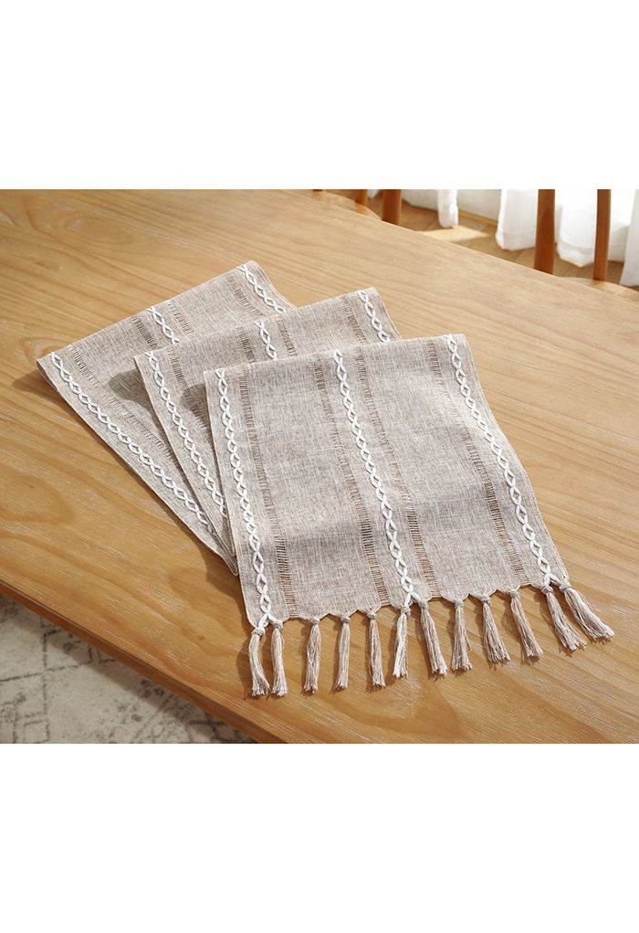 Cutwork Linen Fabric Tassel Edge Table Runner in Khaki