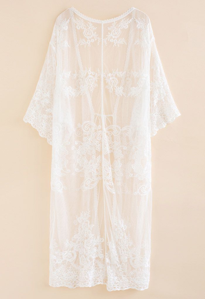 Floral Embroidery Self-Tie Front Kimono in White